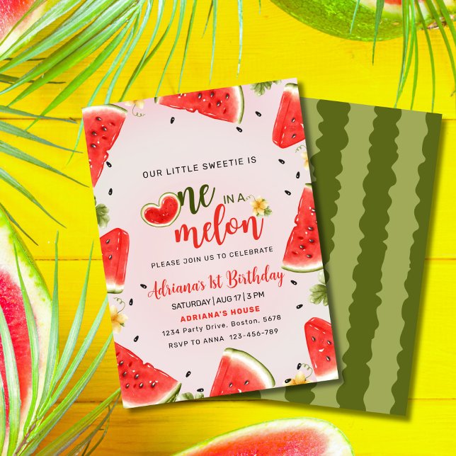 One In A Melon 1st Birthday Watermelon Birthday  Invitation (One in a Melon  Watermelon Slice Invitation – Cute, Editable & Perfect for Summer Parties!")