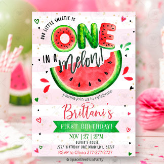 One In A Melon 1st Birthday Watermelon Invitation