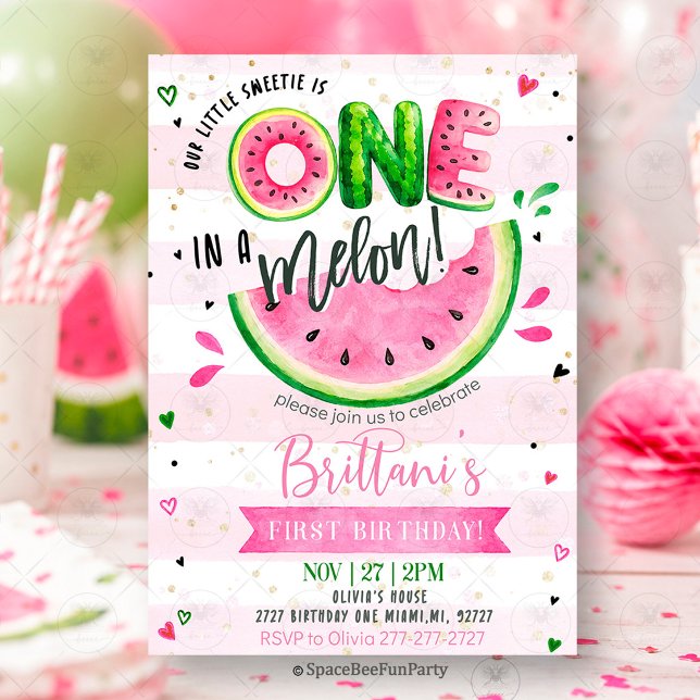One In A Melon 1st Birthday Watermelon  Invitation (watermelon birthday invitation, one in a melon, first birthday invitation, summer birthday party, wa)