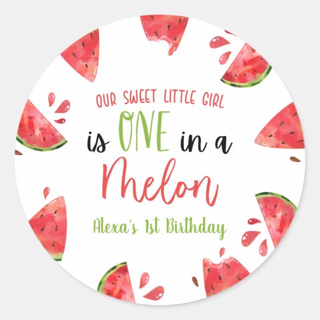 One In A Melon 1st First Birthday Party Watermelon Classic Round Sticker (Front)