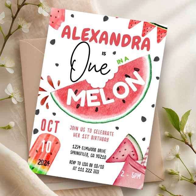 One in A Melon 1st Watermelon Girl Birthday Invitation (One in A Melon 1st Watermelon Girl Birthday Invitation)