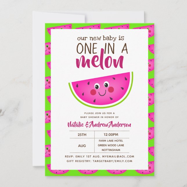 One In A MELON Baby Shower Lime Green Pink Modern Invitation (Front)