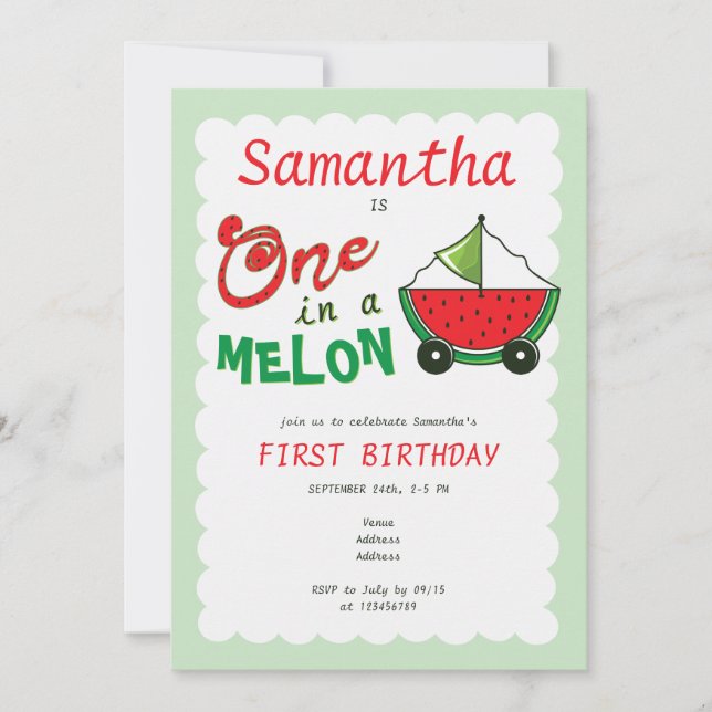One in a Melon Cute Toy Mint 1st Birthday Invitation (Front)