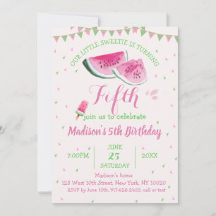 One In A Melon Cute Watermelon Fifth Birthday Invitation