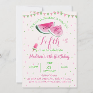 One In A Melon Cute Watermelon Fifth Birthday Invitation
