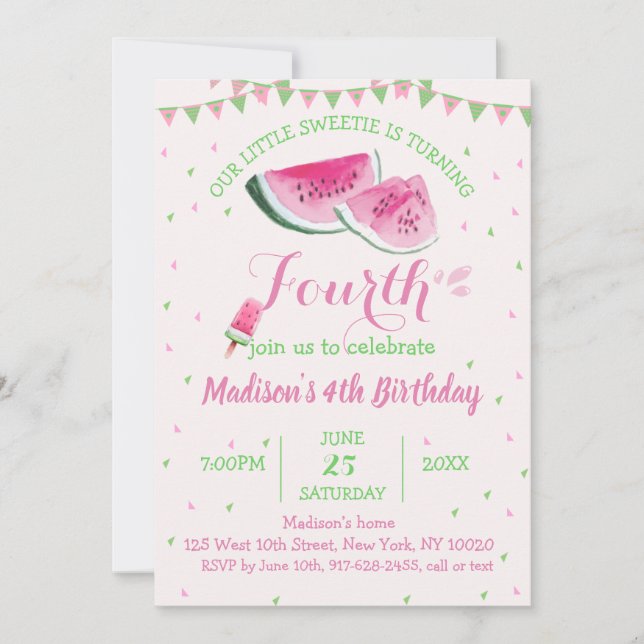 One In A Melon Cute Watermelon Fourth Birthday Invitation (Front)