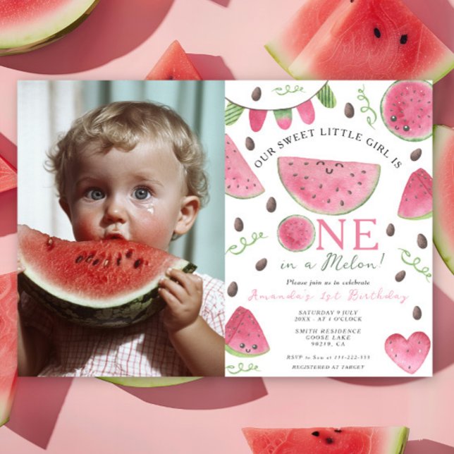 One in a Melon Cute Watermelon Girl 1st Birthday Invitation (Creator Uploaded)