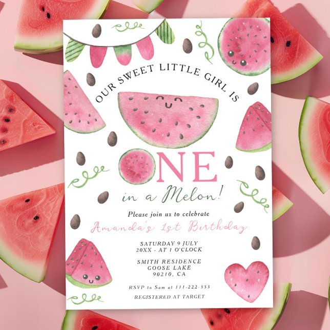 One in a Melon Cute Watermelon Girl 1st Birthday Invitation (Creator Uploaded)