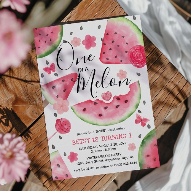 'One in a Melon' Cute Watermelon Girl 1st Birthday Invitation (Creator Uploaded)