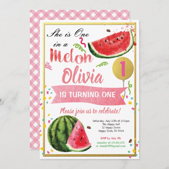 One in a melon first birthday invitation pink gold (Front/Back)