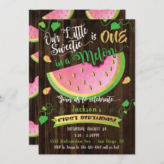 One in a Melon first Birthday Party invitation (Front/Back)