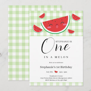 One in a Melon Gingham Summer 1st Birthday Party Invitation