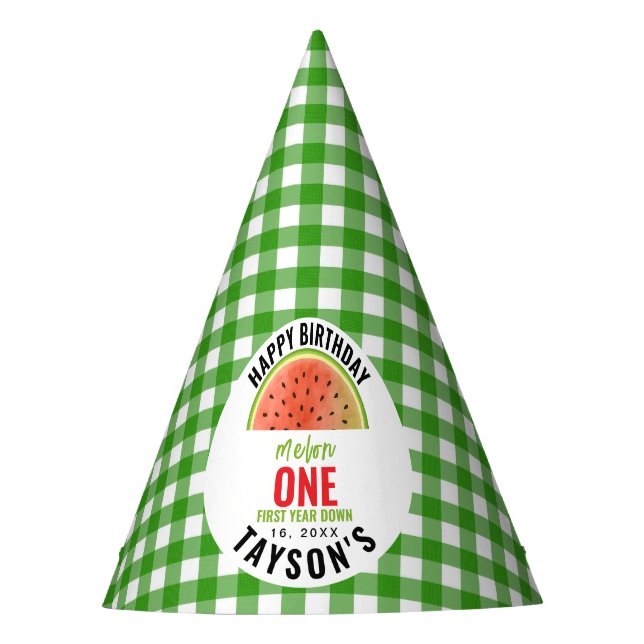 One in a Melon glitter watermelon 1st birthday Party Hat (Front)
