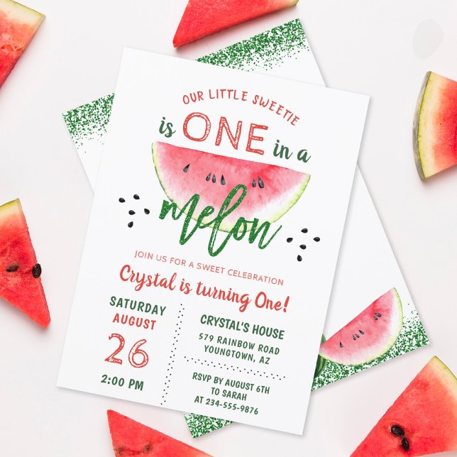 One in a Melon Glitter Watermelon First Birthday Invitation (Creator Uploaded)