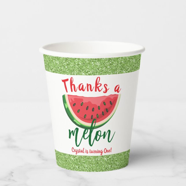 One in a Melon Glitter Watermelon First Birthday Paper Cups (Front)