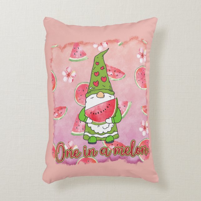 One in a Melon | Green Gnome & Watermelon Decorative Cushion (Front(Vertical))