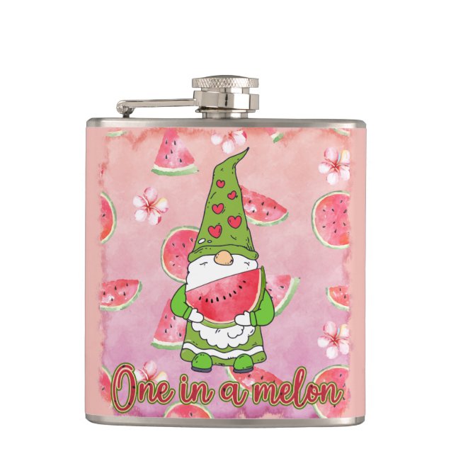 One in a Melon | Green Gnome & Watermelon Hip Flask (Front)