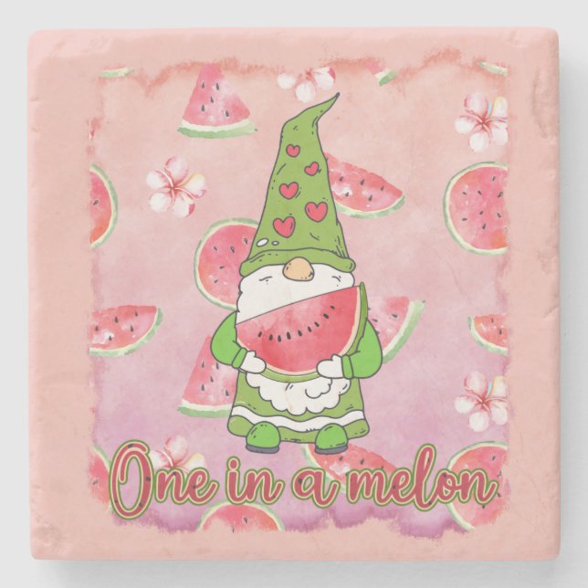 One in a Melon | Green Gnome & Watermelon Stone Coaster (Front)