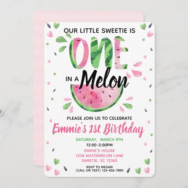 One in a Melon Little Girl First Birthday Invite (Front/Back)