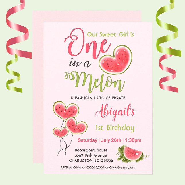 One In A Melon Pink Girl 1st Birthday Party Invitation (1st Birthday invitation for girl with watercolor watermelon in a heart shape, One in a melon,)