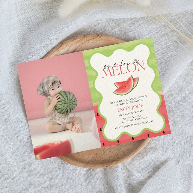 One in a MELON | Pink Green Photo 1st birthday  Invitation (one in a melon 1st birthday invitation with photo)