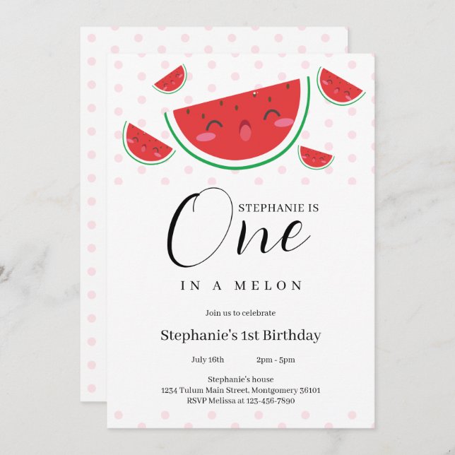 One in a Melon Pink Polka Dot 1st Birthday Party Invitation (Front/Back)