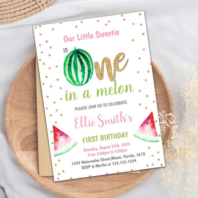 One in a Melon Summer Party Card for Girls (Watermelon Invitation, Watermelon Birthday Invitation)