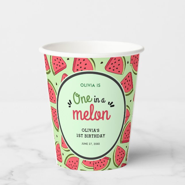 One in a Melon Summer Watermelon 1st Birthday  Paper Cups (Front)