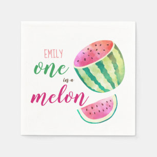 One in a Melon Tropical Watermelon Watercolor Pink Napkin
