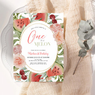 One in a Melon Watercolor 1st Birthday Girl Invitation