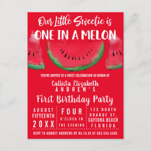 One in a Melon Watercolor Watermelon 1st Birthday Invitation Postcard