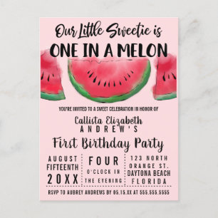 One in a Melon Watercolor Watermelon 1st Birthday Invitation Postcard