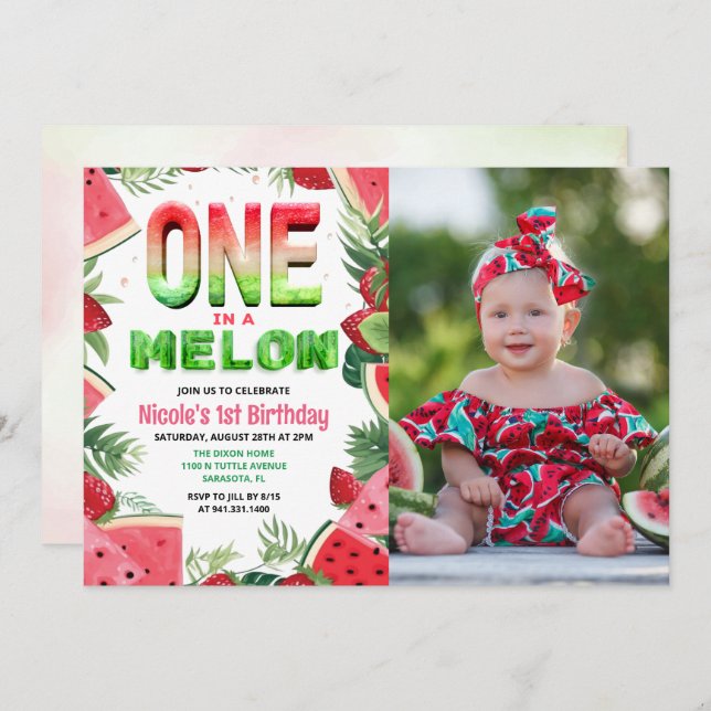 One in a Melon Watermelon 1st Birthday Photo Invitation (Front/Back)