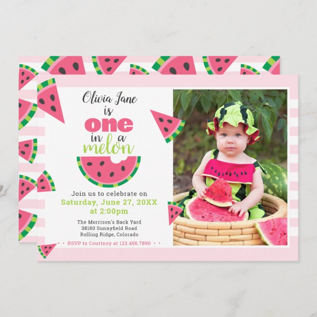 One in a Melon Watermelon Baby 1st Birthday Photo Invitation (Front/Back)