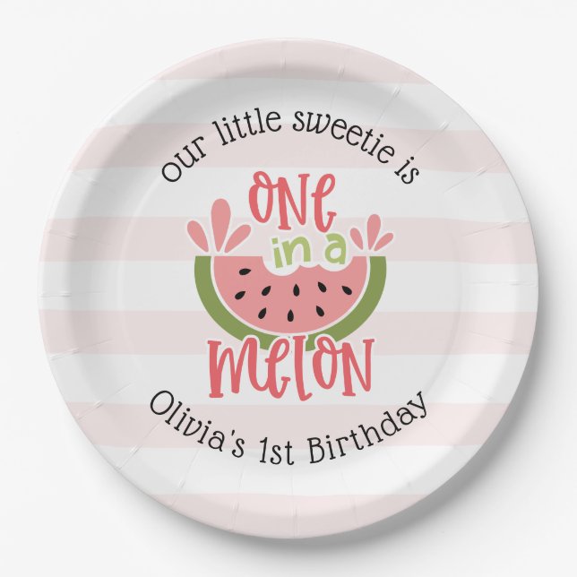 One In A Melon Watermelon First Birthday Paper Plate (Front)