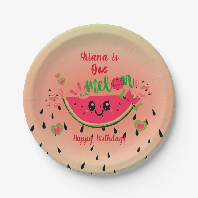 One In a Melon Watermelon Girl's First Birthday  Paper Plate (Front)