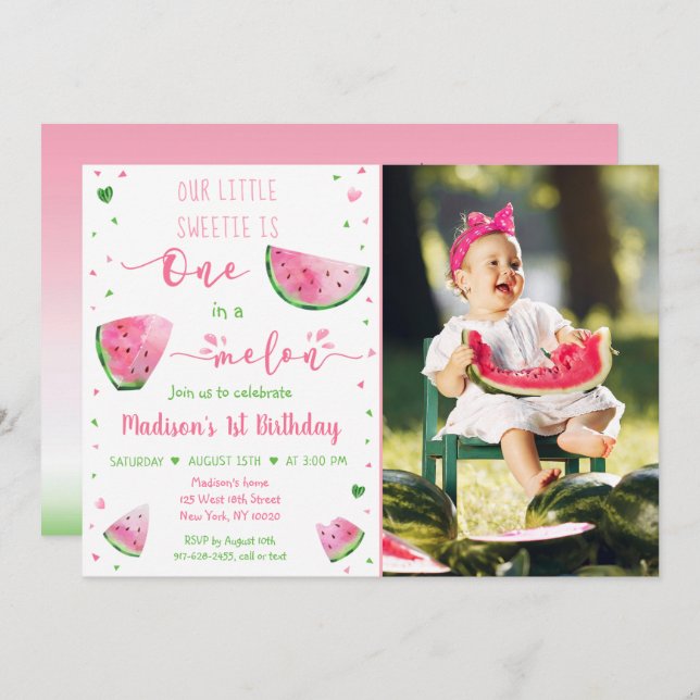 One In A Melon Watermelon Pink Green Birthday Invitation (Front/Back)
