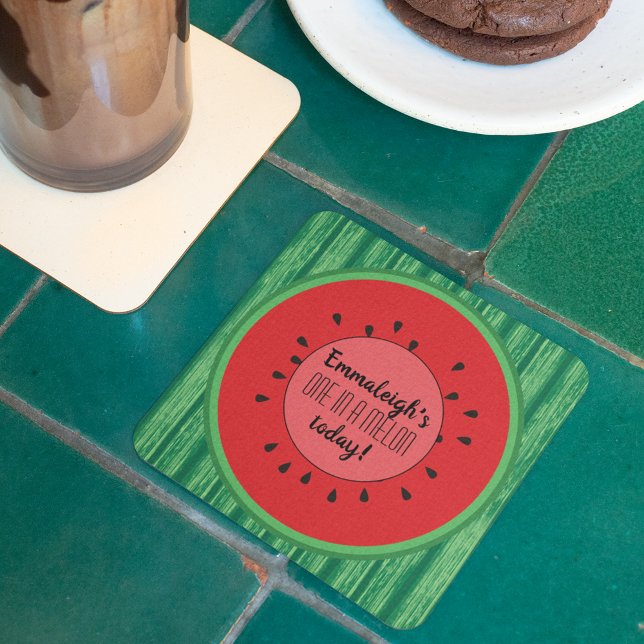 One in a Melon Watermelon Theme Birthday Square Paper Coaster (Creator Uploaded)