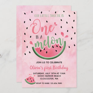 One in a Melon Watermelon watercolor 1st Birthday Invitation