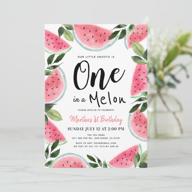 One in a Melon Watermelon Watercolor 1st Birthday  Invitation (Standing Front)