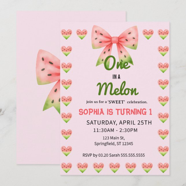 One in a Watermelon! 1st Birthday Party Invitation (Front/Back)