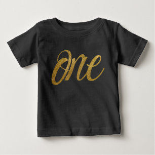 One in Faux Gold FIRST BIRTHDAY Script Baby T-Shirt