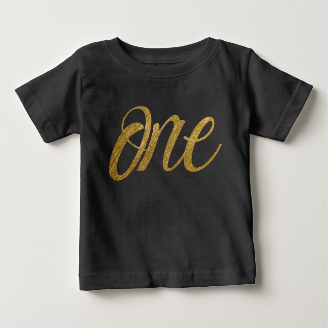 One in Faux Gold FIRST BIRTHDAY Script Baby T-Shirt (Front)