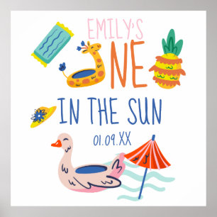 One in in the sun first birthday party pool doodle poster