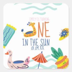 One in in the sun first birthday party pool doodle square sticker