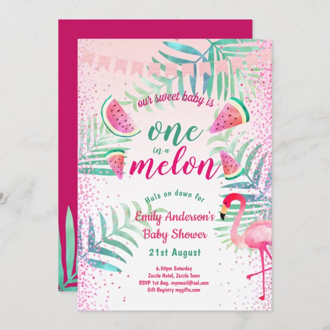 One in Melon Tropical Flamingo Watermelon Pink Invitation (Front/Back)