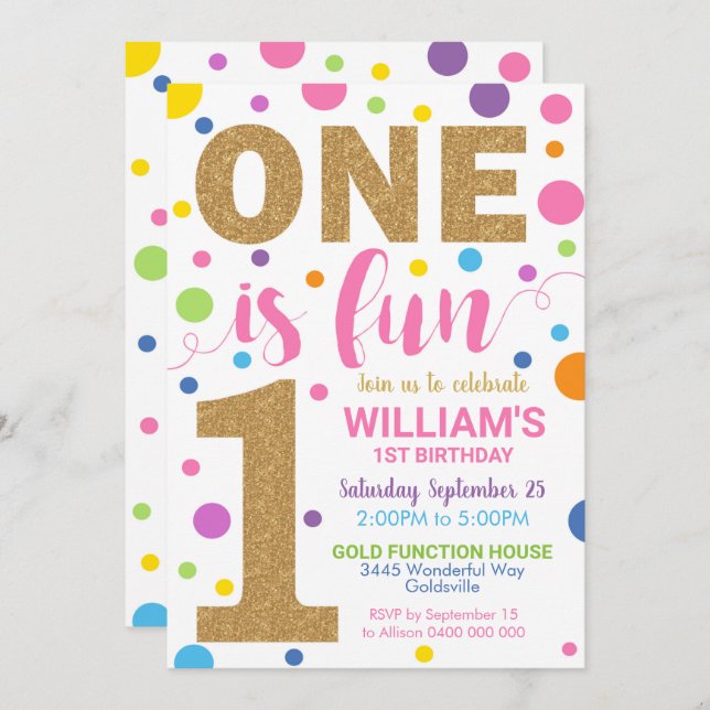One is Fun Birthday Invitation Girl 1st Birthday (Front/Back)