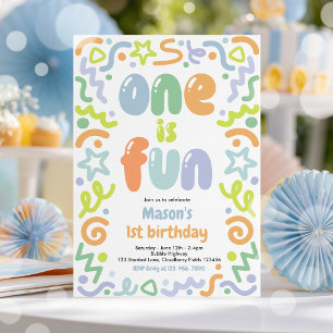 One Is Fun Colourful Confetti Balloon 1st Birthday Invitation