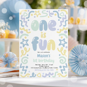 One Is Fun Colourful Confetti Balloon 1st Birthday Invitation
