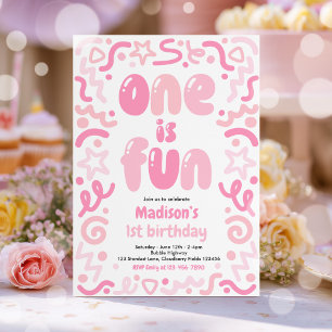One Is Fun Colourful Confetti Balloon 1st Birthday Invitation